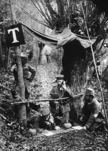 A German field telephone station in the Aisne department of northern France during World War I, circa 1916. (Photo by Paul Thompson/FPG/Hulton Archive/Getty Images)